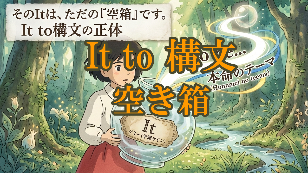 女の子が中身のない空き瓶を持ち、『空箱です』と書かれた札を掲げている画像。形式だけの文法ルールや、実態を伴わない説明を皮肉るメタファー。